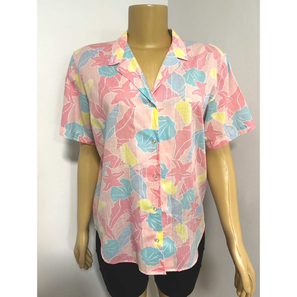 Classic Fashions Vintage Pink Seashell Starfish Button Up Shirt USA Made Sz 16